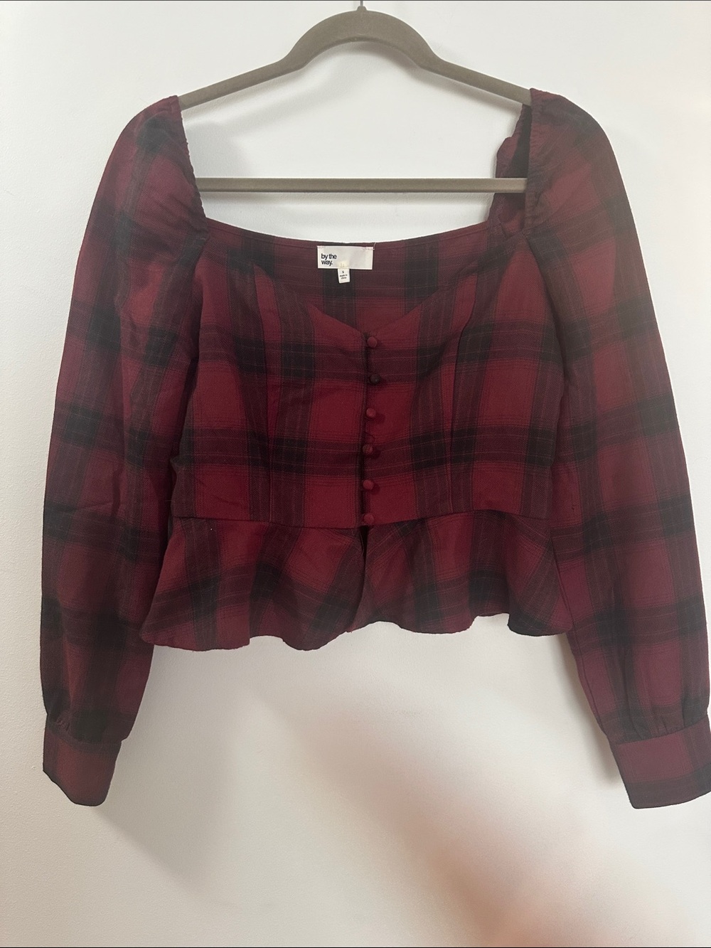 by the way. Burgundy and Black Plaid Peplum Blouse